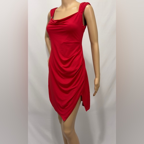 Halara Red Asymmetrical Mini Dress Side Ruching & Slit Open Tie Back Sof… - Picture 2 of 12